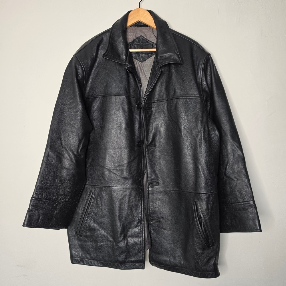 Bostonian Leather Coat Mens XL Black Car Jacket Button Front Pebbled Insulated
